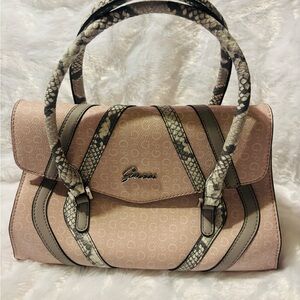 Guess Pink and Tan Satchel with Snake Print